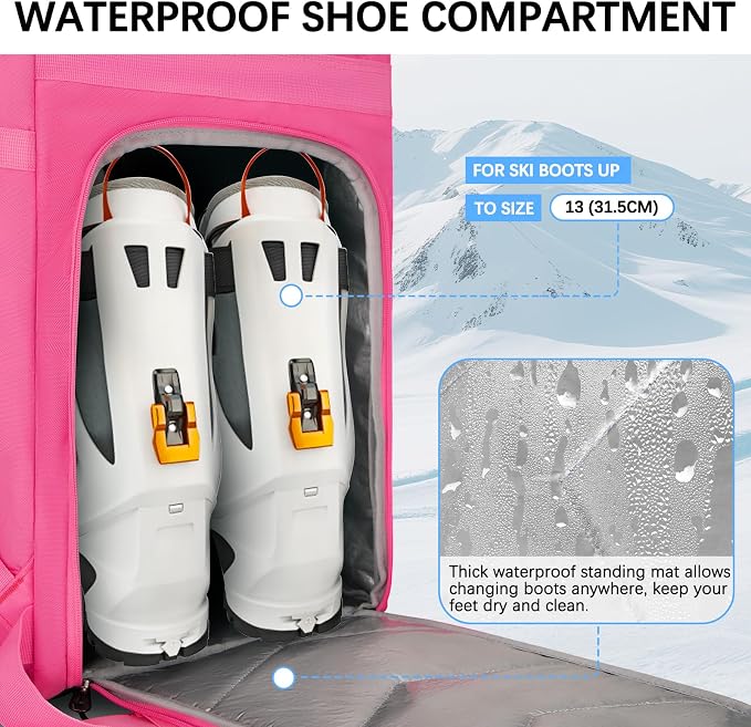 65L Waterproof Ski Boot Bag, Heavy Duty Snowboard Backpack for Helmet Goggles Gear, Air Travel Winter Sports Bag - Image 5