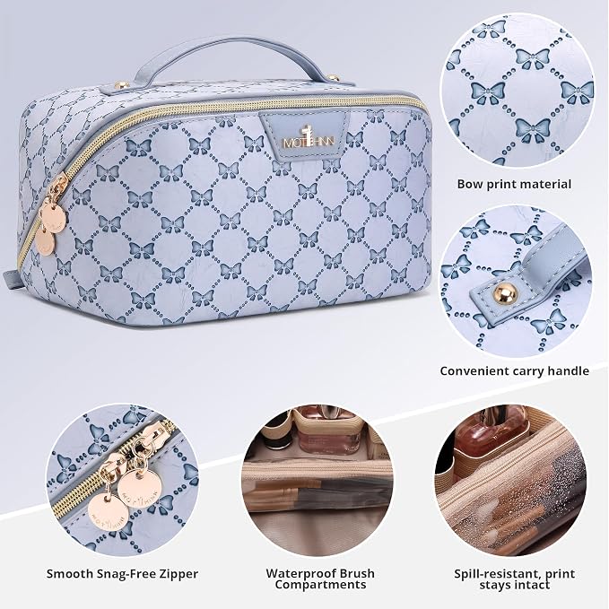 Travel Makeup Bags for Women: 3 Pcs Set Luxury Bow Print Make up Bag - Large Capacity Cute Cosmetic Case - 3–15 Day Travel Toiletry Organizer Bag, Comes with An Gift Box(cerulean blue) - Image 3