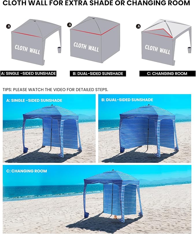 Qipi Beach Cabanas for Sand, Beach Canopy with Sandbags & Side Wall for Family, Easy Set Up Sun Shelter, UPF 50+ UV Protection with Roof Vent - Image 2