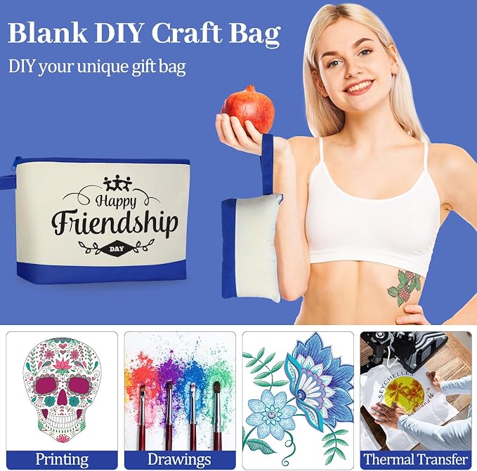 Silkfly 15 Pcs Cotton Canvas Makeup Bags Cosmetic Zipper Bags 10.2 x 5.5 x 2'' Blank DIY Pouch Bulk Pencil Case with Bottom Travel Toiletry Pouch for Women Craft Decor Gift (Beige and Blue) - Image 6