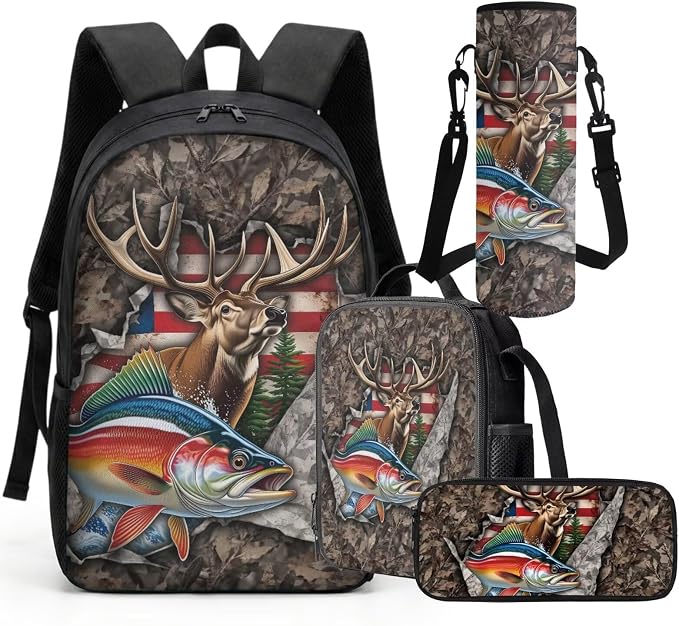 GIFTPUZZ 4 Piece Camo Deer Fish American Flag Backpack Set for Kids | Patriotic Bookbag with Lunch Box for Boys Elementary School, Zip up Pencil Case, Water Bottle Sleeve, Summer Camp, Ages 6-8 - Image 8