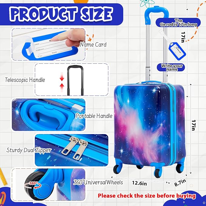 Redbaker 6 Pcs Kids Luggage Set, 17 Inch Rolling Suitcase with Backpack Lunch Bag Neck Pillow, Starry Sky Travel Set for Summer Vacation Sleepover Back to School Gift - Image 2