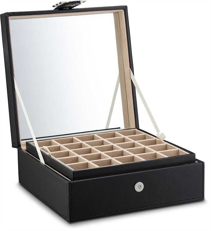Glenor Co Earring Organizer - Classic 50 Section Jewelry Box/Case/Holder for Earrings, Rings, Necklaces, Jewelry, Cufflinks or Collections -2 Layer Small Compartments with Large Mirror - Black - Image 9