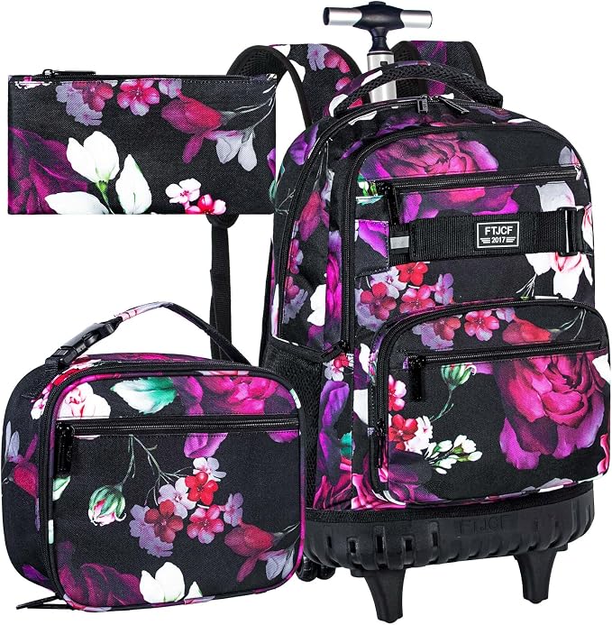3Pcs Rolling Backpack for Girls, 19 Inche Rose Roller Bag with Wheels, Adults Wheeled Bookbag Set for Women(Black) by FTJCF