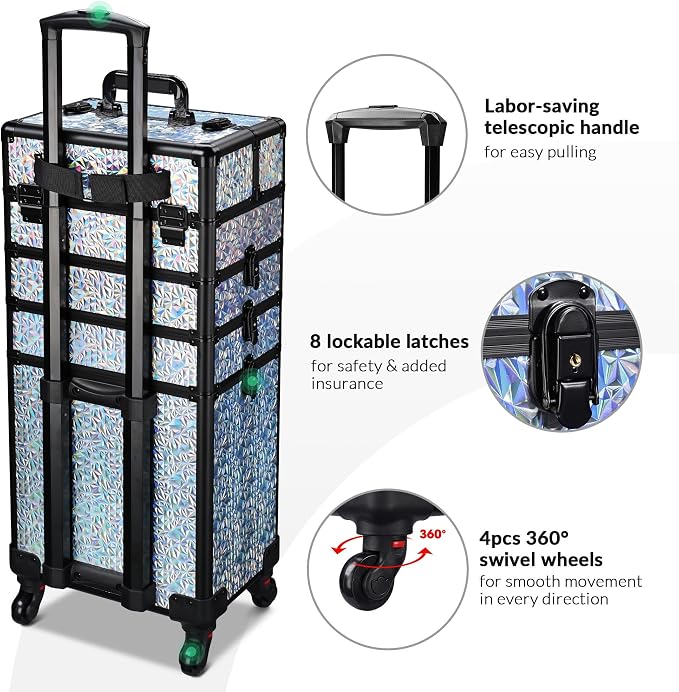 BYOOTIQUE Rolling Makeup Case 4in1 Cosmetology case on wheels Makeup Artist | Aluminum Rolling Makeup Suitcase 360° Detachable Wheel Lockable 54Lb Large Capacity Organizer Nail Tech Mermaid Silver - Image 4