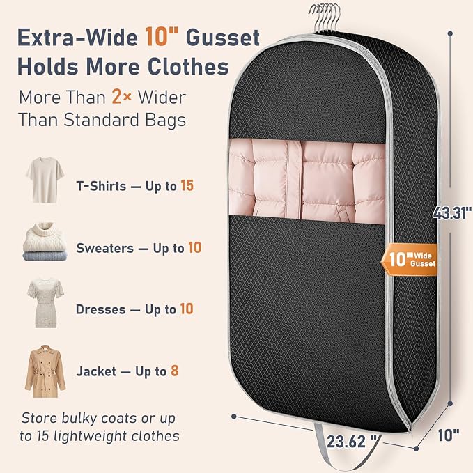 DIMJ Garment Bags for Hanging Clothes 10" Gusseted, Space Saving Compression Suit Bag Travel with Handles Window, Washable Carry Clothing Storage Cover for Dress, Coats, Jacket, Shirts,43" 2 Pack - Image 3