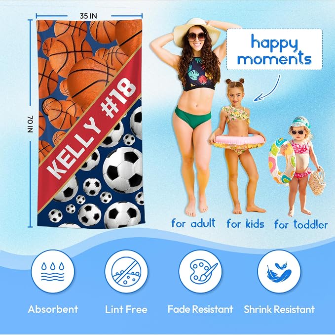 Personalized Beach Towel With Name, Custom Beach Towel with Text, Customized Basketball Football Microfiber Pool Towel, Quick Dry & Absorbent Swim Towel for Adult,Anniversary, Birthday, Summer Holiday - Image 3