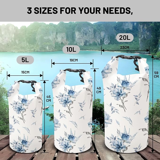 Waterproof Dry Bag,Blue Flower Watercolor Small Waterproof Backpack 2L/5L/10L/20L/30L/40L Floating Lightweight Bags for Kayaking, Boating, Fishing, Swimming Camping with Waterproof Phone Case - Image 6