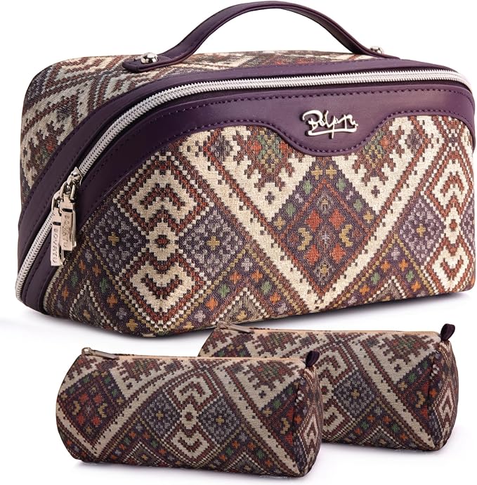 BOYATU Travel Makeup Bag Organizer: Boho Large Capacity Cosmetic Bag Sets | 3Pcs Waterproof Leather Toiletry Bags | 180°Open Flat Make up Case with Compartments | Western Travel Essentials for Women by BOYATU