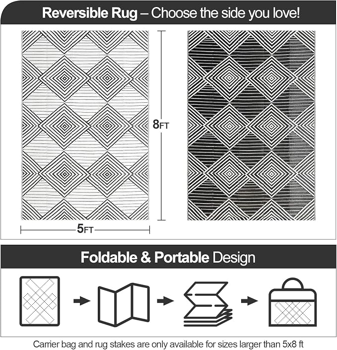 Waterproof Outdoor Rug 5x8ft, Foldable Reversible Plastic Straw Mat for Patio RV Deck Porch Backyard Balcony Camping Picnic Beach Indoor Outdoor Carpet, Black&White - Image 2