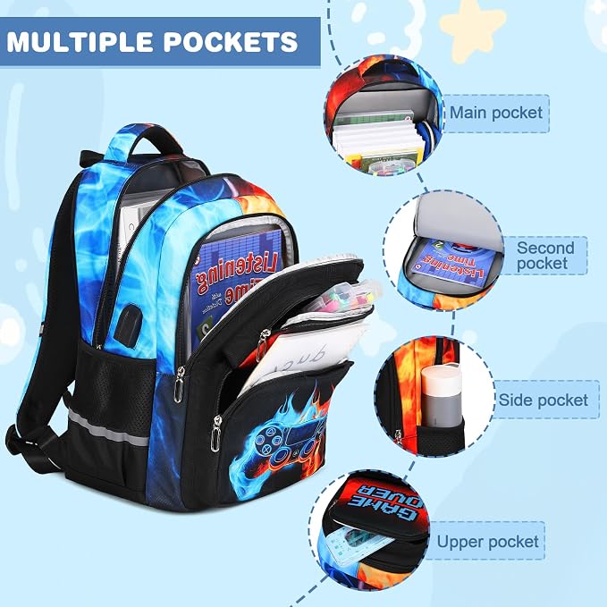 Bevalsa Kids Backpack for Boys with 14oz Insulated Bottle, Gamer Backpack School Bags for Kids & BPA-FREE Stainless Steel Metal Bottle with Straw Lid for Elementary Middle School Student (Flame) - Image 3