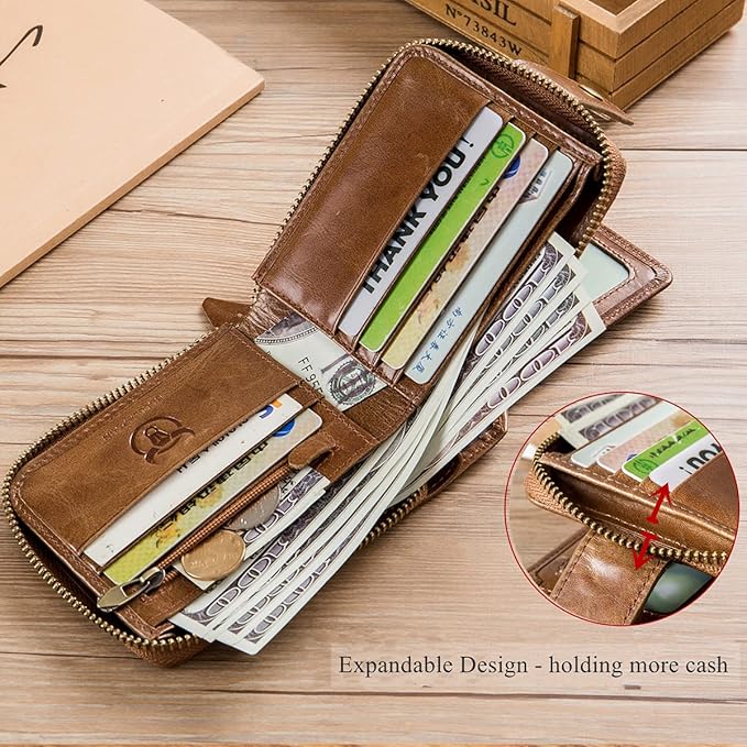 BULLCAPTAIN Genuine Leather Wallet for Men Large Capacity ID Window Card Case with Zip Coin Pocket QB-231 (Brown)