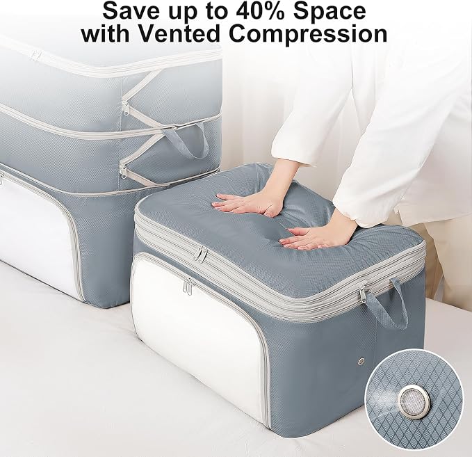 Comforter Storage Bag - Large Capacity Blanket Storage Bags Front-opening Ultra Space Saving Self Compression Organizer, Washable Compression Bags for Storage Comforter Blanket, 2 Pack, Grey - Image 3