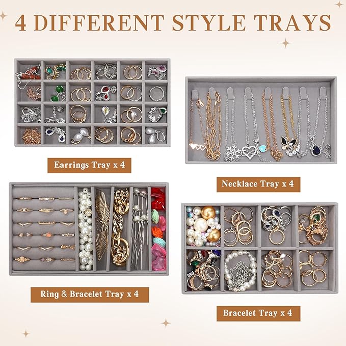 Tondiamo 16 Pcs Velvet Jewelry Drawer Organizer Trays Bulk 8.39 x 4.88 x 0.94 Inch Grey Stackable Jewelry Storage Inserts Set Tray Set with Removable Divider for Earrings Necklaces Bracelets - Image 6
