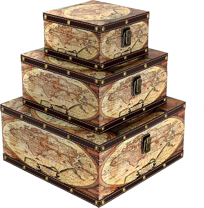 Jolitac Wooden Storage Box Set of 3, Antique-Looking Storage Containers with Secret Compartments Vintage Nesting Keepsake Chests for Jewelry, Cash, Photos Travel-Friendly & Stackable (Map) by Jolitac