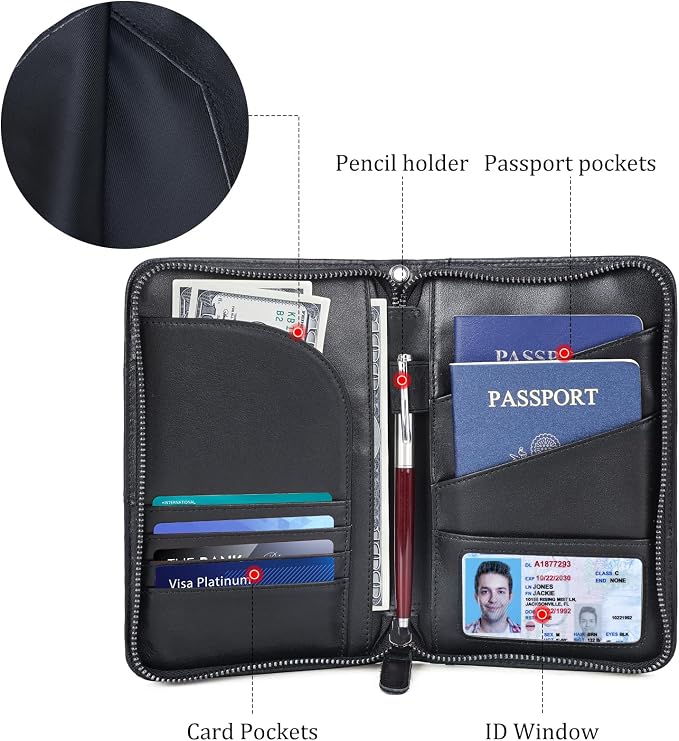 Polare Napa Leather Passport Holder With YKK Zipper RFID Blocking Travel Document Organizer Ticket Holder Cover Case Holds 2 Passports (Black) - Image 5