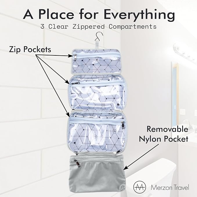 The All Week Kit, Hanging Toiletry Bag for Extended Trips with Multi Compartment Storage Large Travel Toiletry Organizer with Hook Made from Sturdy Water Resistant Nylon HNG-733-SLV - Image 4