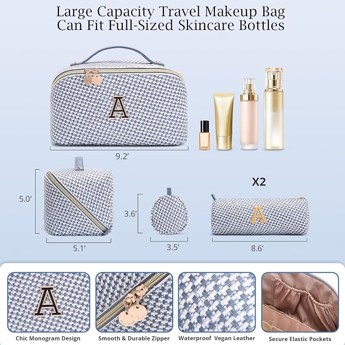 Personalized Gift Travel Makeup Bag: Initial Makeup Organizer Bag for Women | 3-in-1 Custom Make up Bag Set - Vegan Leather Travel Cosmetic Bag - Luxury Gift for Women – Birthday, Anniversary, Graduation - Image 6