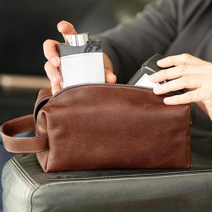 Leather Toiletry Bag for Men – Water Resistant Travel Dopp Kit - Premium Full Grain Leather Cosmetic Case- Perfect Gifts for Him - Mens Toiletry Bag (Whiskey) - Image 2