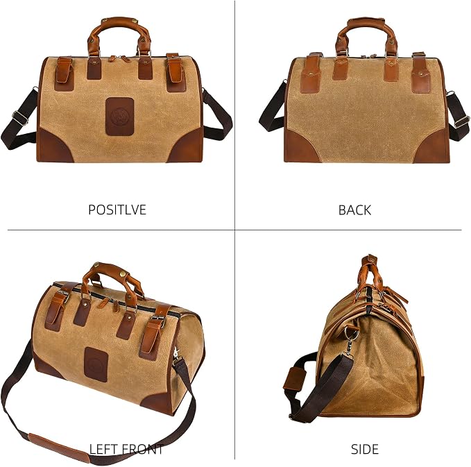 Canvas + Leather Travel Luggage Tote Duffle Gym Suitcase Weekender Overnight Bag For Men Male FB8151 (8151-Khaki-Shoulder Strap) - Image 4