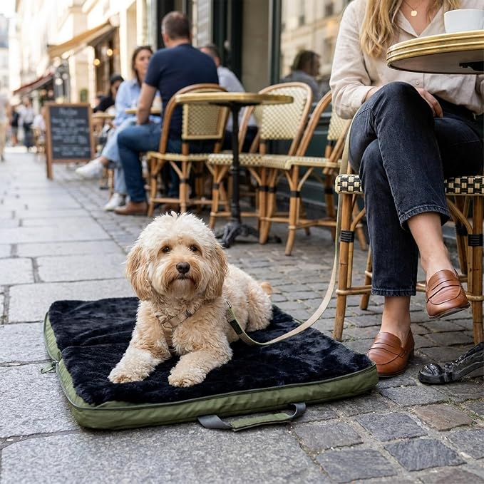 4 Cats & Dogs Gus Travel Bed – Portable Foldable Dog Bed & Pet Cushion Mat with Soft Faux Fur, Water-Resistant Nylon, Zippered Suitcase Design for Camping & Travel- Small (24″ x 31.5″), Army - Image 2