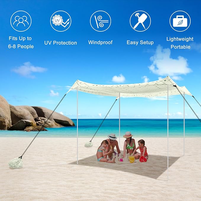 Beach Tent, Beach Canopy Sun Shade UPF 50+, Portable 10×10 FT Camping Sun Shelter with Sandbags, Poles, Ground Pegs and Anti-Wind Rope for Outdoor, Backyard, Picnics, Fishing - Image 3