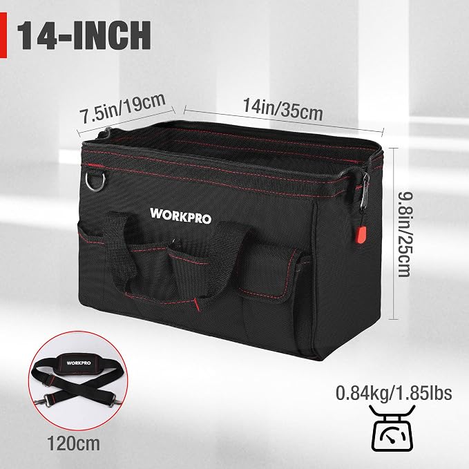 WORKPRO 14-inch Tool Bag, Multi-pocket Tool Organizer with Adjustable Shoulder Strap, W081021A, black (Pack of 10) - Image 2