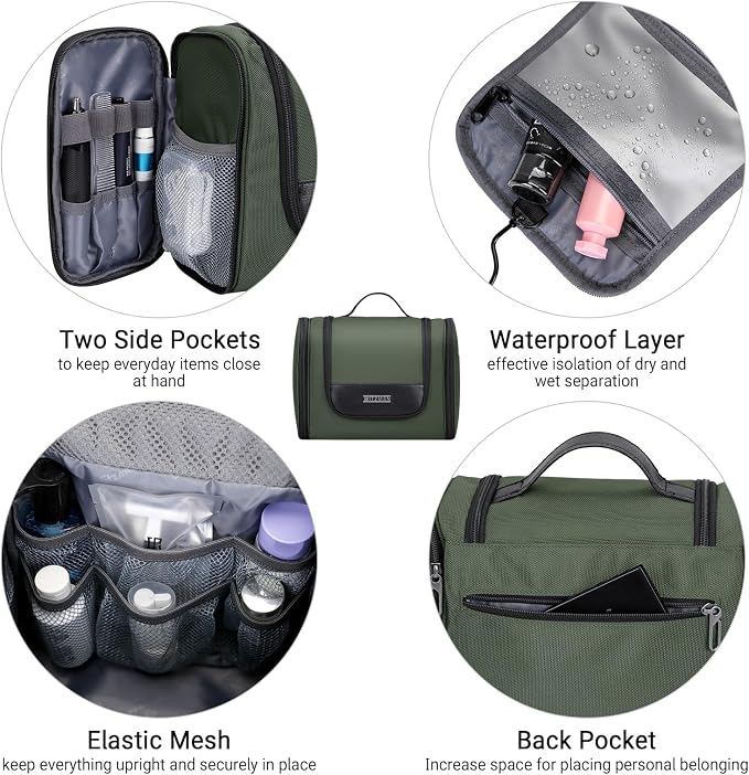 WITZMAN Toiletry Bag for Men Nylon Hanging Water-resistant Shaving Dopp Kit | With Dry-wet Separation Pocket, Multi-pockets for Organized Storage, Lightweight, For Travel, Bathroom, B690 Army Green - Image 5