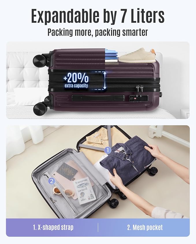 LIGHT FLIGHT Carry On Luggage 22x14x9 Airline Approved, Lilac | Airline Approved, Hard Shell with Wheels, Expandable Hardside, Lightweight, TSA Lock - Image 5