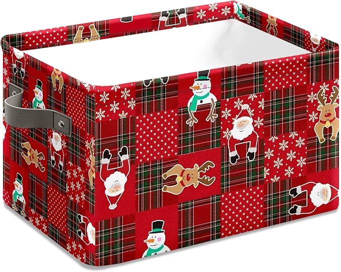 Christmas Baskets,Christmas Red Grid Elk Snowman Foldable Storage Bins with Handles, Decorative Cloth Organizer Storage Boxes 2 2piece - Image 3