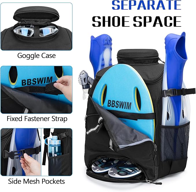 GOBUROS Swim Backpack for Swimmers, Swim Equipment Gear Bag for Men | Swimming Backpack with Additional PVC Transparent Bag for Workout Gear, Beach Pool Backpack for Swimming, Sports, Gym, Black - Image 2