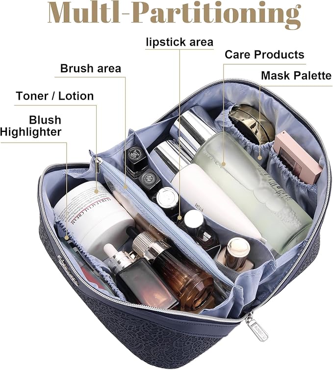 BOYATU Travel Makeup Bags Cosmetic Organizer Bag: 3 Pcs Set Large Capacity Make up Bag with Compartments - Waterproof Leather Toiletry Bags with Handle for Women (A-Dard Blue) - Image 3