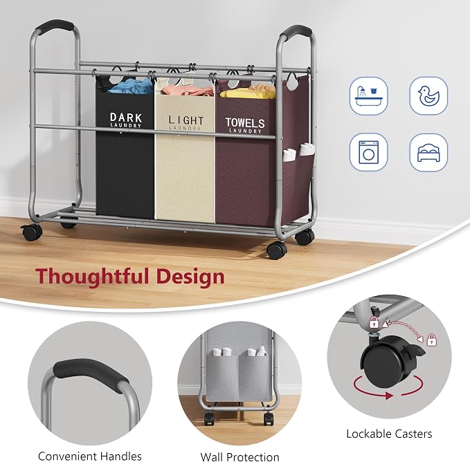 Tajsoon Laundry Sorter 4 Sections, Laundry Separator Hamper with Heavy Duty Lockable Rolling Wheels, Laundry Divider with Removable Bags for Dirty Clothes Storage, 4 Colors - Image 5