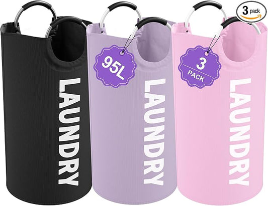 3Pack Folding Clothes Hamper with Handles, 95L Tall Laundry Basket Organizer, Durable Laundry Bags, Large Dirty Clothes Hamper for Family, Travelling, Camping, Purple + Pink + Black by IHOMAGIC