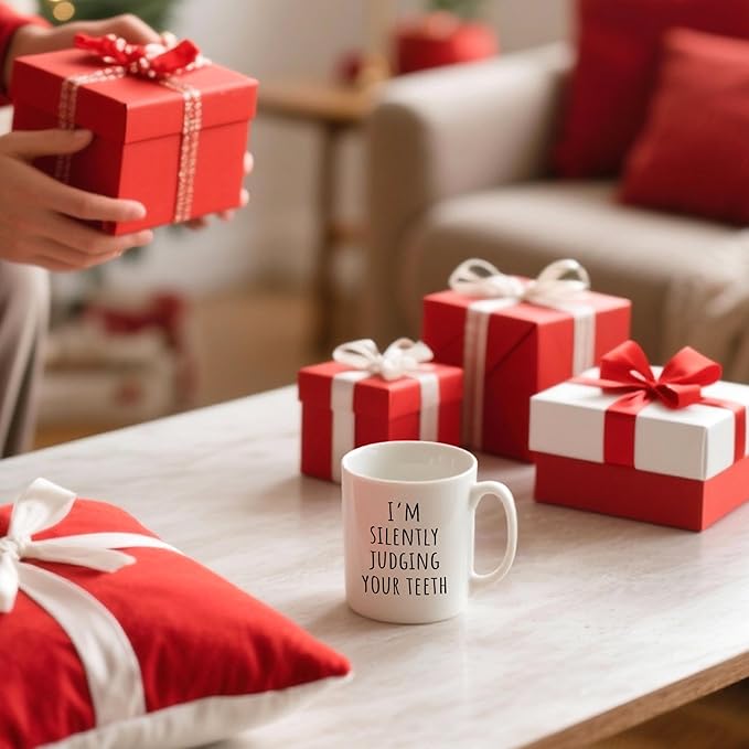 Funny Dentist Mug, Dentist Gifts for Women Men Ceramic Coffee Cup, Dental Assistant Hygienist Gifts, I'm Silently Judging Your Teeth Dental Coffee Tea Mugs 11 oz