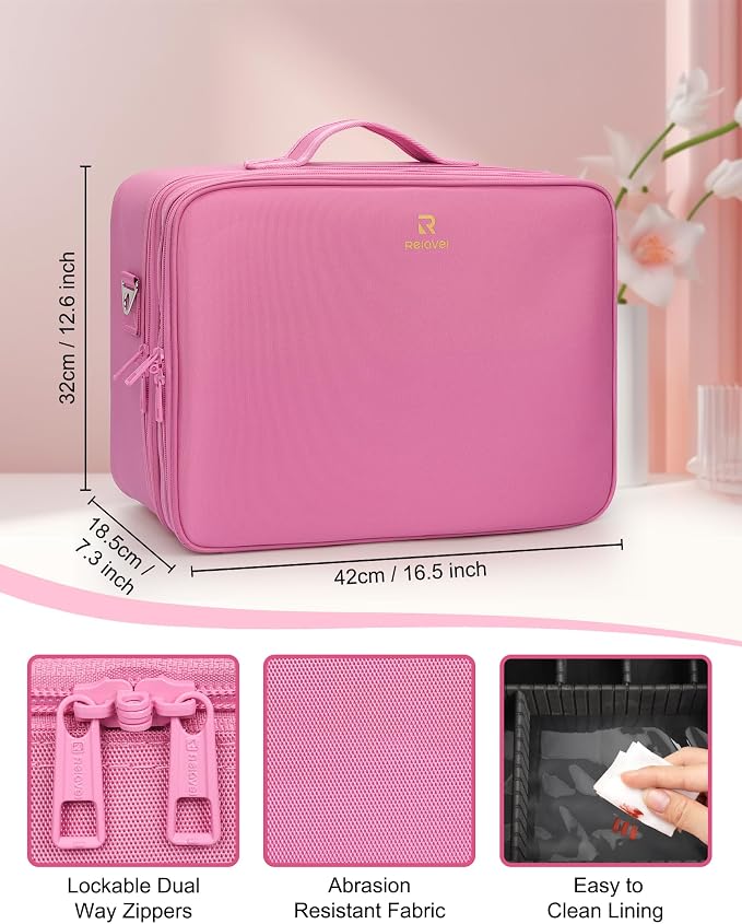 Relavel Extra Large Makeup Case Travel Train Case Professional Makeup Artist Bag Portable Nail Organizer Box Art Supply Case with Adjustable Dividers/Attach to Trolley/Shoulder Strap (Rose Pink) - Image 5