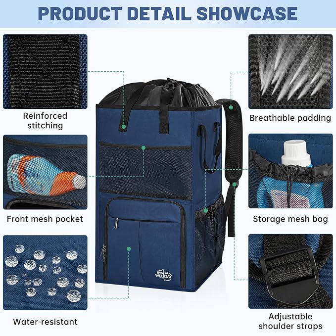 170L Laundry Backpack Bag with 3 Sizes Mesh Wash Bags Empty, Extra Large 2 in 1 Laundry Hamper Basket with Shoulder Straps, Freestanding Laundry Bag for College Dorm, Laundromat, Apartment (Blue) - Image 7