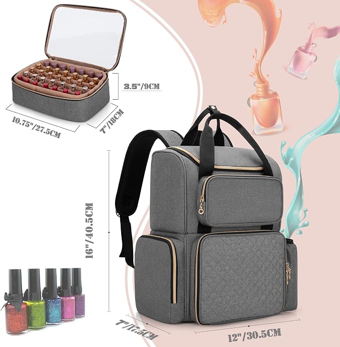 LUXJA Nail Polish Organizer Backpack Holds 70 Bottles and a UV Lamp | Travel Nail Bag with 2 Removable Cases, Ample Tools Storage Pockets, Adjustable Shoulder Straps, Trolley Sleeve, Gray - Image 6