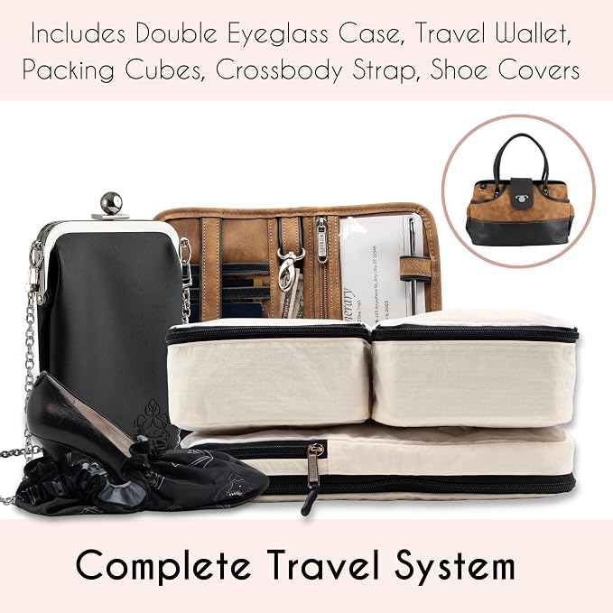 Borsali Weekender Bag for Women - Travel Carry On Duffel -Vegan Leather with Travel Wallet, Packing Cubes, Shoe Covers & Glasses Case (Brown/Black) - Image 3