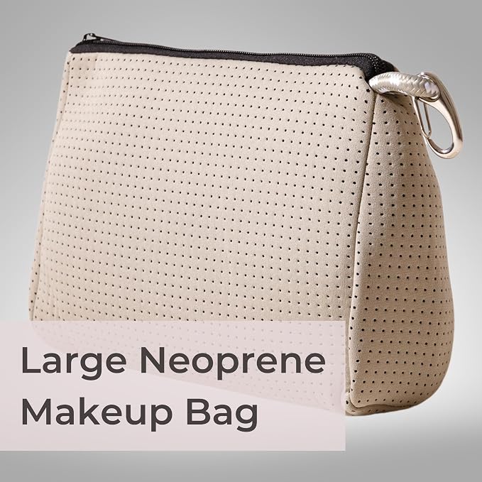 POPUPS Large Makeup Bag with Zipper, Taupe - Waterproof Neoprene Cosmetic Bag 7.7 x 10.75 x 5 inches - Image 2