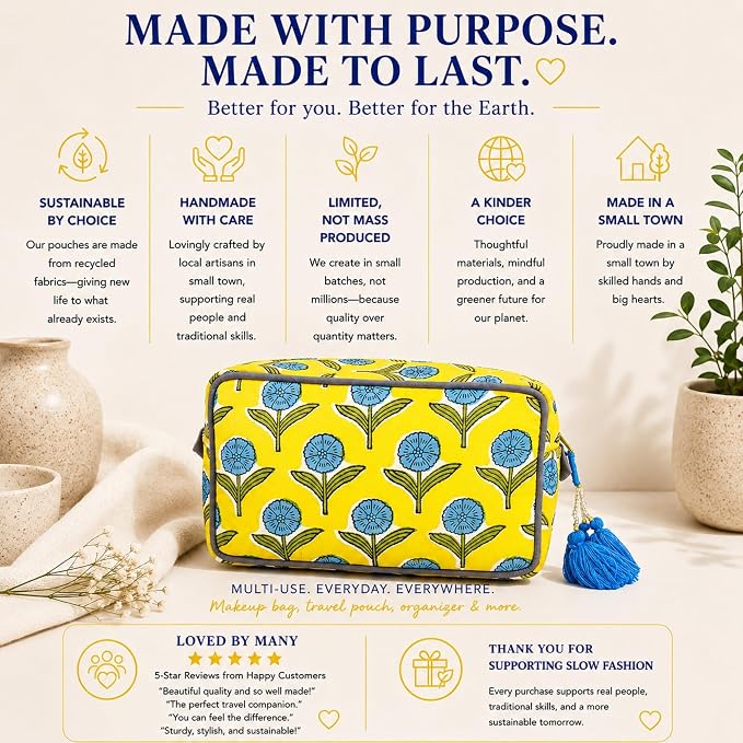 Travel Makeup Bag- Large Capacity Cosmetic Bags for Women - Water Resistance Lining Portable Pouch & Open Toiletry Bag - Perfect Girls Makeup Organizer for Travel Essentials (Blue & Yellow Floral) - Image 4
