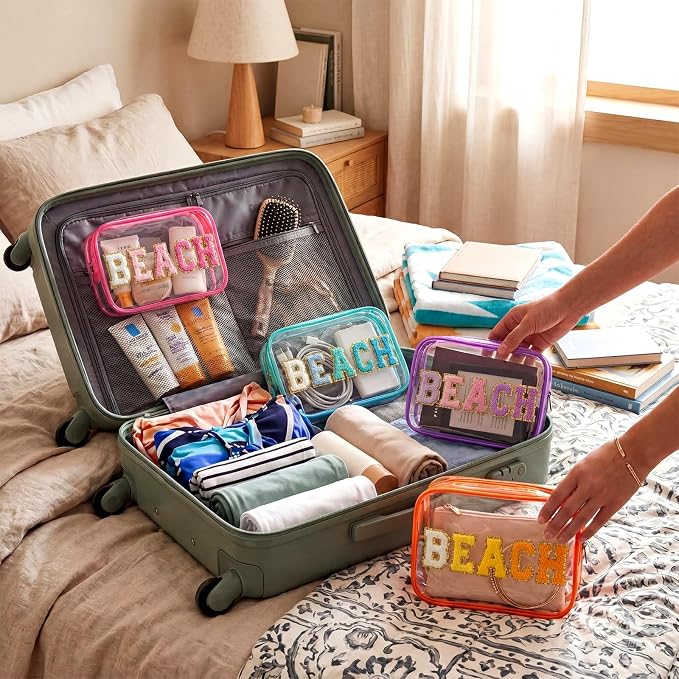Kacctyen 12 Pack Clear Beach Makeup Bag with Chenille Letter Patch Travel Toiletry Bags Waterproof PVC Cosmetic Organizer for Women Girls Pool Beach Vacation Summer Essential Gifts, 6 Colors - Image 7