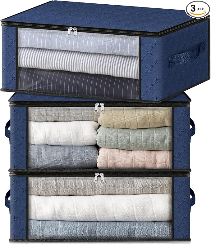 HomeHacks Storage 3-Pack Clothes Organizer Storage Bags Foldable Storage Box with Large Clear Window Sturdy Handles for Closet, Dorm, Pillows, Bedding, Clothes, Blankets, 35L, Blue by HomeHacks
