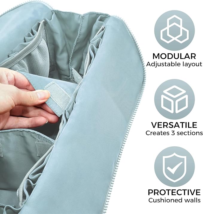 Travel Makeup Organizer Bag with Fold-Down Design and Adjustable Dividers, 27 Pockets & 3 Brush Storage Holders, Large Capacity Cosmetic Bags Toiletry Case (Light blue, Large) - Image 3