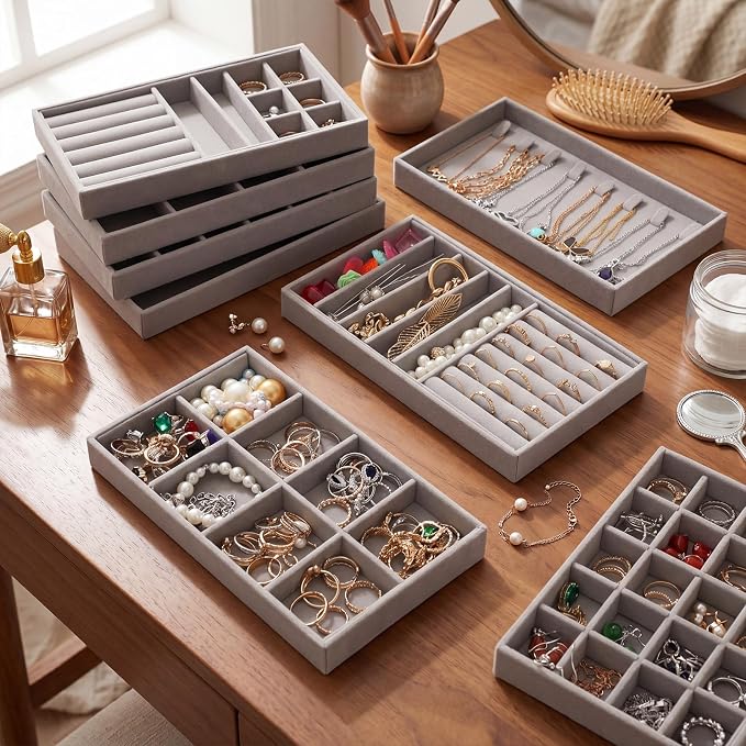 Tondiamo 16 Pcs Velvet Jewelry Drawer Organizer Trays Bulk 8.39 x 4.88 x 0.94 Inch Grey Stackable Jewelry Storage Inserts Set Tray Set with Removable Divider for Earrings Necklaces Bracelets - Image 7