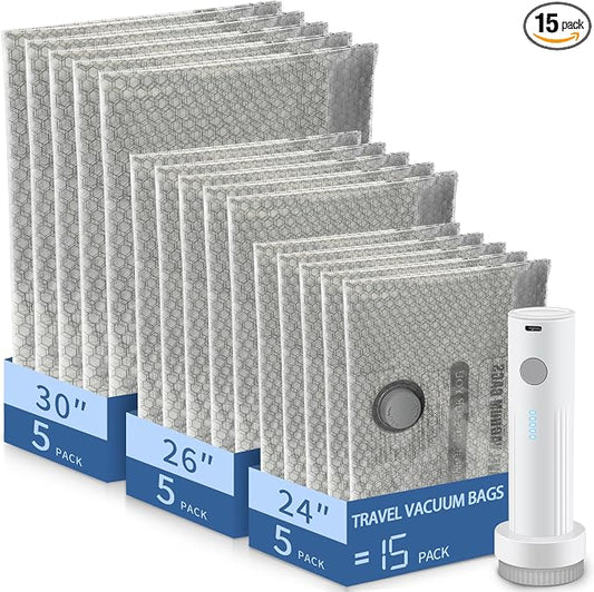 SORON 15 Pack Vacuum Seal Bags for Clothing Travel, Travel Vacuum Storage Bags with Rechargeable air Pump, Carry-on Size Compression for Luggage and Suitcases, Space Saver for Clothes by SORON