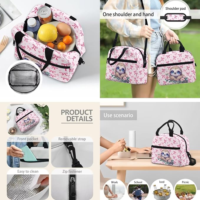 Bow Sloth School Bag for Girls, 3Pcs Students Backpack, Elementary Girls Bookbag Sets with Lunch Box Pencil Case for School - Image 3