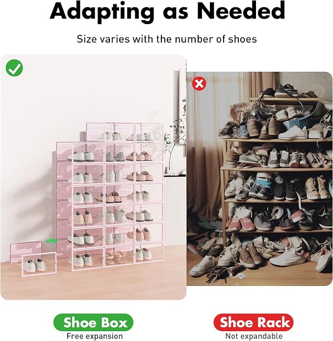 Foluck Shoe Storage Box, 15 Pack Clear Plastic Stackable Organizer for Closet, Interlocking Design Shoes Container Bins for Sneakers, Foldable Shoe Rack with Lids, Pink - Image 4