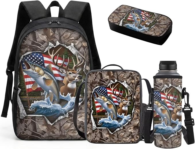GIFTPUZZ 4-in-1 Camouflage Deer Fish American Flag Kids Backpack Set | Patriotic School Bookbag with Lunch Box for Elementary Boys, Zippered Pencil Case Pouch, Water Bottle Holder, Ages 6-8 by GIFTPUZZ