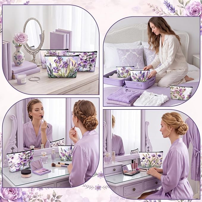 Sweetude 12 Pcs Purple Relief Flower Makeup Bags Bulk Purple Portable Travel Cosmetic Bag with Zipper Oil Painting Floral Waterproof Roomy Travel Toiletry Organizer Storage Beauty Pouch for Women Gift - Image 5
